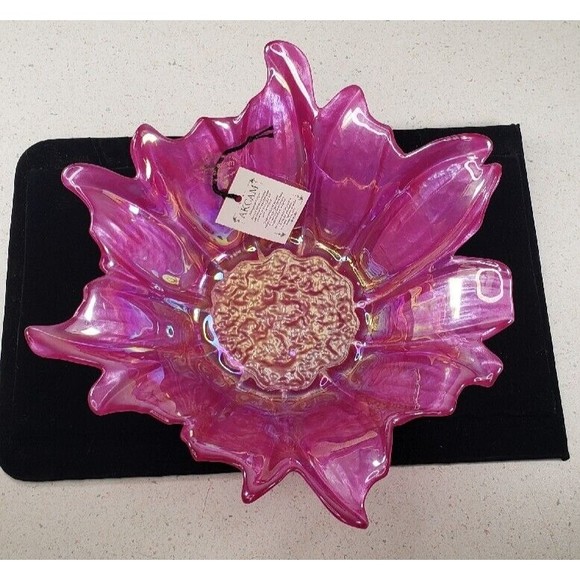 Akcam Turkish Opalescent Fusha  Dark Pink Glass Large Floral Bowl  8.5" NEW - Picture 2 of 9